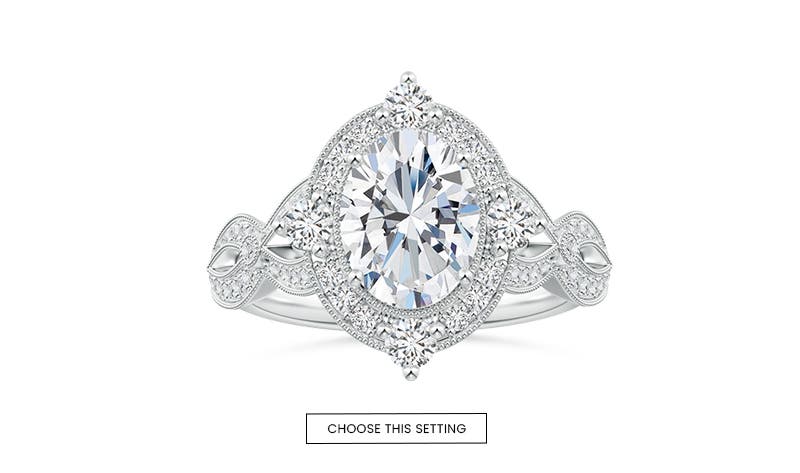 Oval Vintage Inspired Pave-Set Diamond Studded Shank Engagement Ring