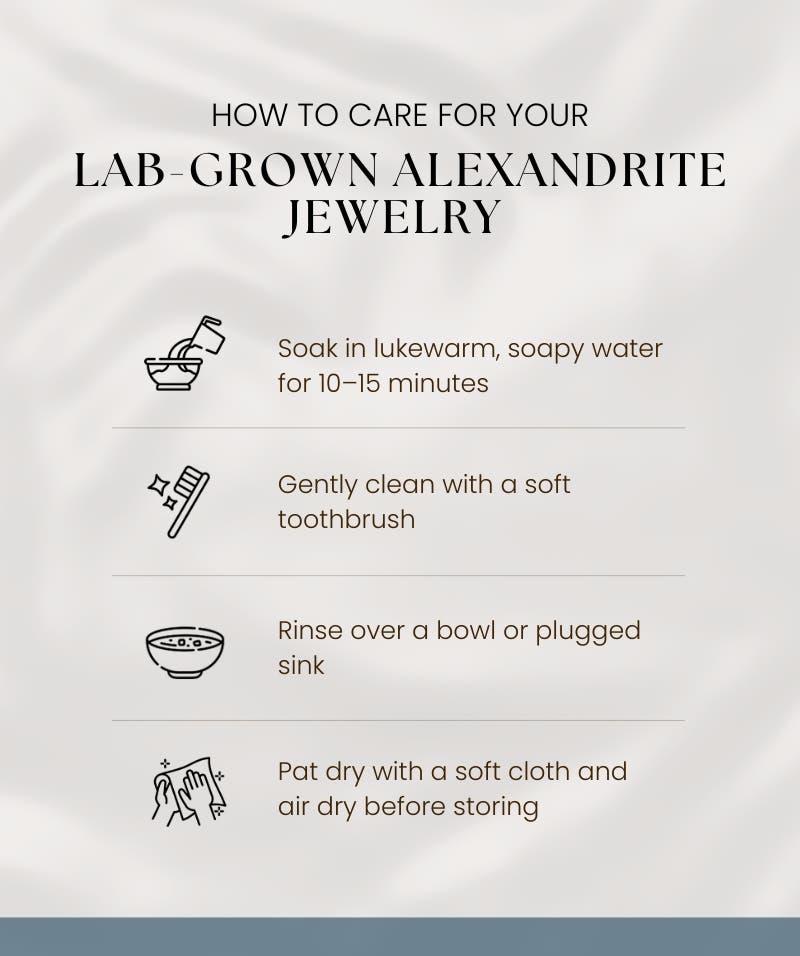 Infographic Care Guide for Lab-Grown Alexandrite Jewelry